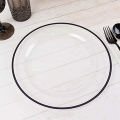 10-Pack Plastic 10" Round Dinner Plates in Clear with Black Rim - Disposable Party Plates for Classy Banquets & Special Occasions