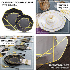10-Pack Plastic 8" Octagon Dessert Plates in Clear - Modern Disposable Salad/Appetizer Plates with Gold Geometric Design for Special Occasions & Celebrations