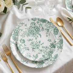 10-Pack French Toile Plastic Salad Plates – Sage Green & White Floral, 7" Round Disposable Dessert Plates