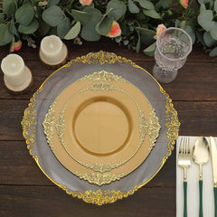 10-Pack Plastic 10" Round Dinner Plates in Gold with Leaf Embossed Rim - Disposable Vintage Baroque Style Plates for Luxurious Gatherings & Events
