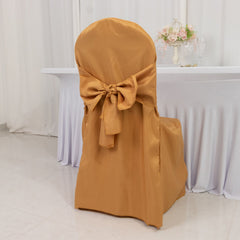 10-Pack Polyester Slip-On Banquet Chair Covers with Attached Sashes – Gold Reusable Stain-Resistant Covers for Wedding & Event Decor