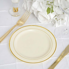 10-Pack Plastic Dessert Plates Ivory with Très Chic Gold Rim - Disposable Appetizer Plates for Parties 6"