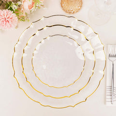 10-Pack Plastic 7" Round Dessert Appetizer Plates in Clear Sunflower with Gold Scalloped Rim - Disposable Salad Plates for Classy Events & Banquets