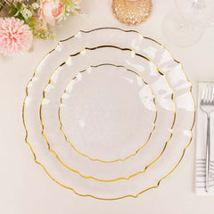 10-Pack Plastic 10" Round Dinner Plates in Clear Sunflower with Gold Scalloped Rim - Disposable Party Plates for Classy Events & Banquets