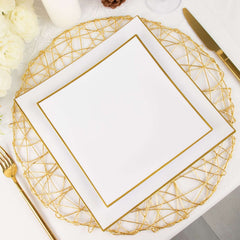 10-Pack Plastic 10" Square Dinner Plates in White Concave Style with Gold Rim - Modern Disposable Party Plates for Weddings & Special Events