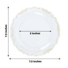 10-Pack Plastic 7" Round Dessert Plates in Clear with Gold Vintage Embossed Rim - Sturdy Disposable Scalloped Edge Salad Plates for Sophisticated Events & Celebrations