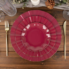 10-Pack Plastic Round 6" Dessert Plates in Burgundy Ruffled Rim with Gold Edging - Sturdy Disposable Salad Appetizer Dinnerware