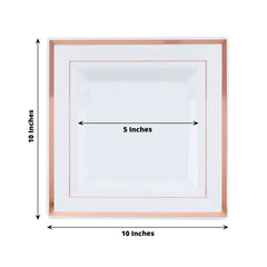 10-Pack Plastic Dinner Plates White Square with Rose Gold Trim - Lightweight Disposable Plates for Events 10"