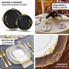 10-Pack Plastic 10" Round Dinner Plates in Black with Silver Leaf Embossed Rim - Disposable Vintage Baroque Style Plates