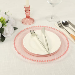10-Pack Plastic 10" Round Dinner Plates in Transparent Blush with Beaded Rim - Disposable Party Plates for Banquets & Festive Occasions