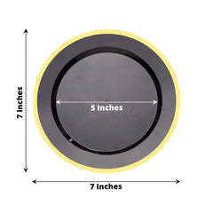 10-Pack Plastic 7" Round Appetizer Plates in Black with Gold Rim - Sleek Disposable Salad Plates for Banquets & Special Occasions
