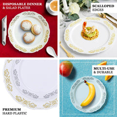10-Pack Plastic 10" Round Dinner Plates Gold Embossed Scalloped Edge - Chic Disposable Party Plates for Special Occasions & Banquets