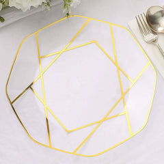 10-Pack Plastic 10" Octagon Dinner Plates in Clear - Modern Disposable Party Plates with Gold Geometric Design for Special Occasions & Celebrations