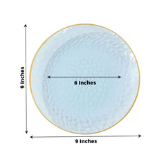 10-Pack Plastic 9" Round Dinner Plates in Transparent Dusty Blue Hammered Design with Gold Rim - Modern Disposable Party Plates