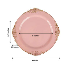 10-Pack Plastic 8" Round Dessert Plates in Dusty Rose with Gold Leaf Embossed Rim - Disposable Vintage Baroque Style Salad Plates