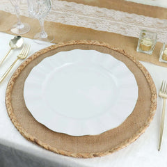 10-Pack Plastic 11" Round Dinner Plates in White Ruffled Rim with Gold Edging - Sturdy Disposable Dinnerware for Classy Events & Banquets