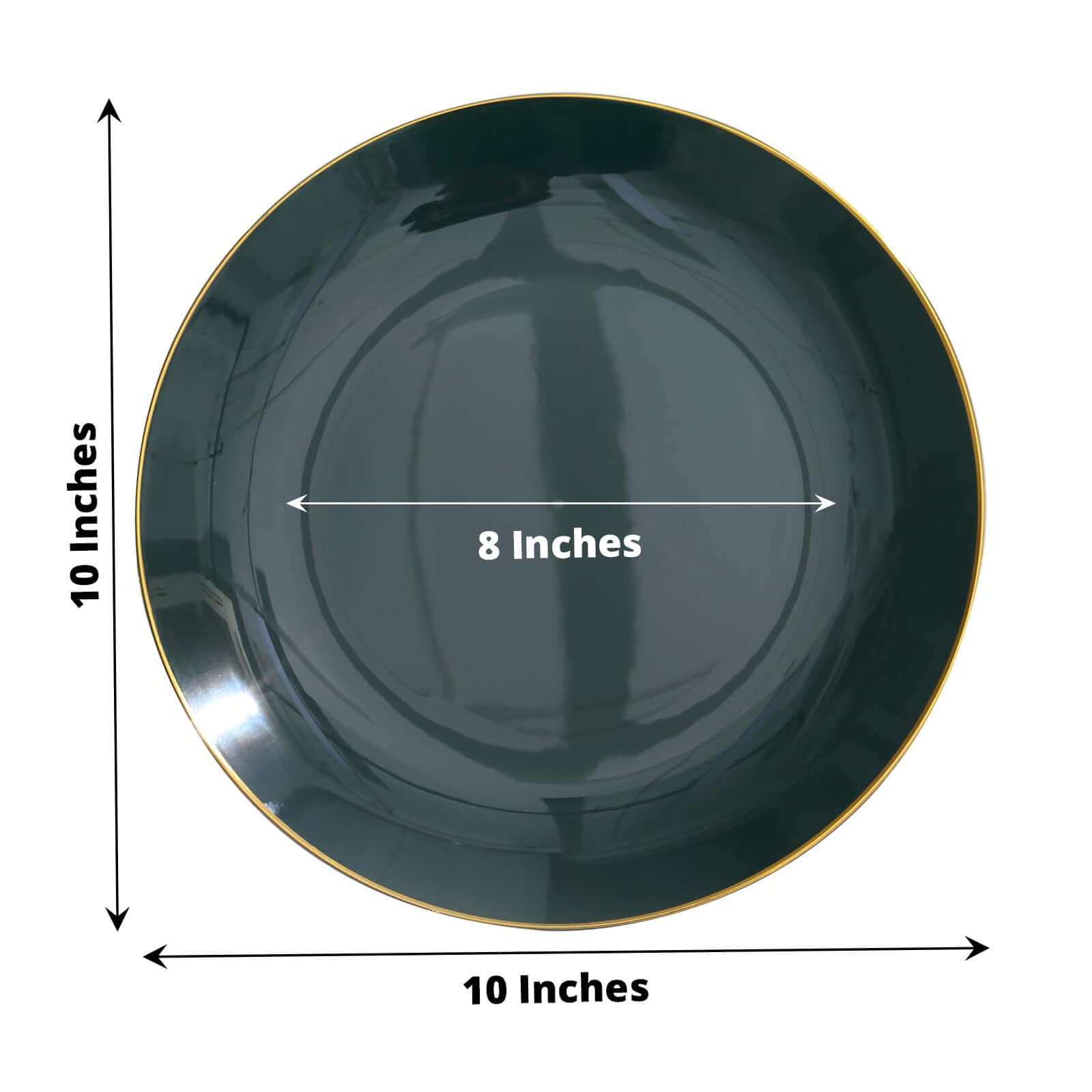 10-Pack Plastic 10" Round Dinner Plates in Hunter Emerald Green with Gold Rim - Glossy Disposable Party Plates
