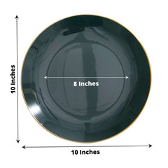 10-Pack Plastic 10" Round Dinner Plates in Hunter Emerald Green with Gold Rim - Glossy Disposable Party Plates