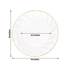 10-Pack Plastic 10" Round Dinner Plates in Clear with Gold Flair Rim - Disposable Party Plates for Upscale Banquets & Special Occasions