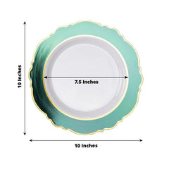 10-Pack Plastic 10" Round Dinner Plates in White with Hunter Emerald Green Blossom Design & Gold Edging - Disposable Party Plates