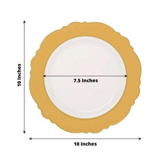 10-Pack Plastic 10" Round Dinner Plates in White with Gold Blossom Design & Gold Edging - Disposable Party Plates for Modern & Classy Table Decor