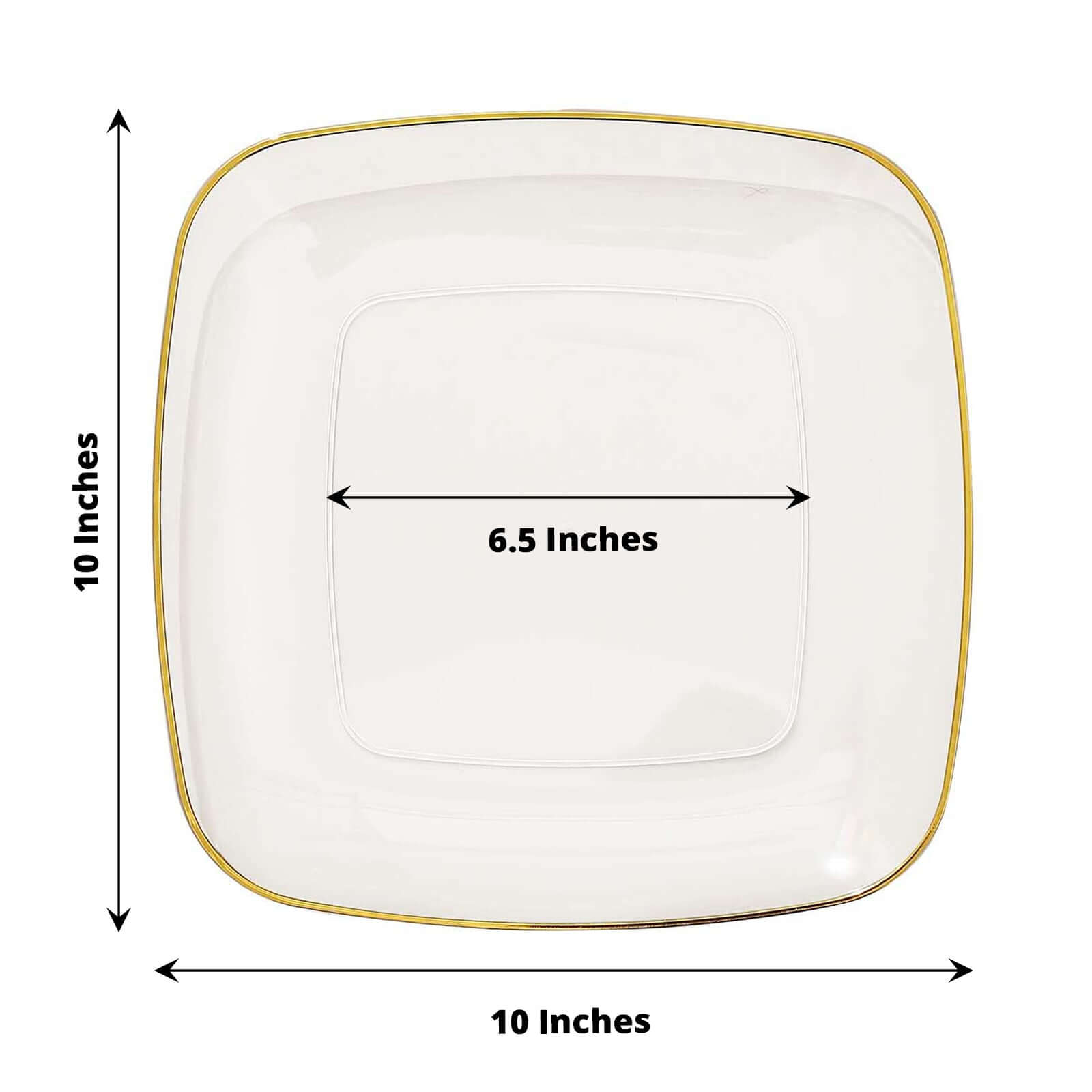 10-Pack Plastic 10" Square Dinner Plates in Clear with Gold Rim - Classy Disposable Lunch Party Plates
