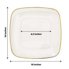 10-Pack Plastic 10" Square Dinner Plates in Clear with Gold Rim - Classy Disposable Lunch Party Plates