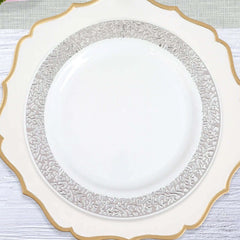 10-Pack Plastic Dinner Plates White with Fancy Silver Lace Rim - Stylish Disposable Plates for Events 10"
