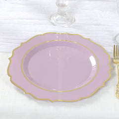 10-Pack Plastic 10" Round Dinner Plates in Lavender Lilac with Gold Scalloped Rim - Disposable Party Plates