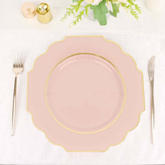 10-Pack Plastic Dinner Plates in Blush Baroque Design with Scalloped Gold Rim - Heavy Duty Disposable Party Plates 11"