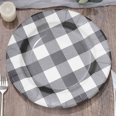 10-Pack Disposable Paper Charger Plates – Black/White Buffalo Plaid 13" Round Table Chargers, 350 GSM Cardstock