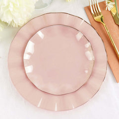 10-Pack Plastic Round 6" Dessert Plates in Blush Ruffled Rim with Gold Edging - Sturdy Disposable Salad Appetizer Dinnerware