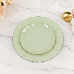 10-Pack Plastic Round 6" Dessert Plates in Sage Green Ruffled Rim with Gold Edging - Sturdy Disposable Salad Appetizer Dinnerware