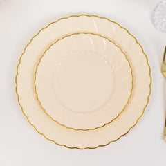 10-Pack Plastic 7.5" Round Salad Dessert Plates in Ivory with Gold Flair Rim - Disposable Party Plates