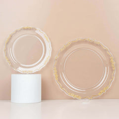 10-Pack Plastic 7" Round Dessert Plates in Clear with Gold Vintage Embossed Rim - Sturdy Disposable Scalloped Edge Salad Plates for Sophisticated Events & Celebrations