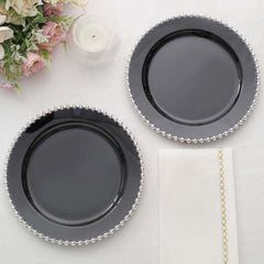 10-Pack Black Plastic Dessert Plates – 8" Round with Silver Beaded Rim, Disposable for Parties & Events