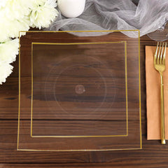 10-Pack Plastic 8" Square Dessert Plates in Clear Concave Style with Gold Rim - Modern Disposable Salad Appetizer Party Plates