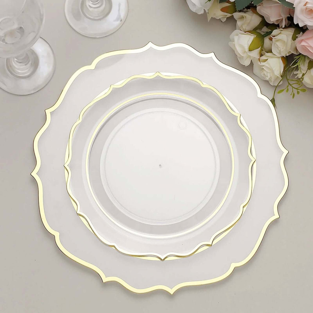 10-Pack Plastic 8" Round Dessert Plates in Clear with Gold Scalloped Rim - Disposable Appetizer/Salad Plates