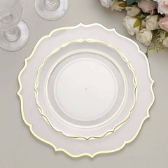 10-Pack Plastic 8" Round Dessert Plates in Clear with Gold Scalloped Rim - Disposable Appetizer/Salad Plates