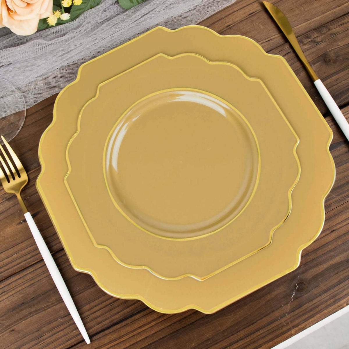 10-Pack Plastic Dessert Appetizer Plates in Gold Baroque Design with Scalloped Gold Rim - Heavy Duty Disposable Salad Plates 8"