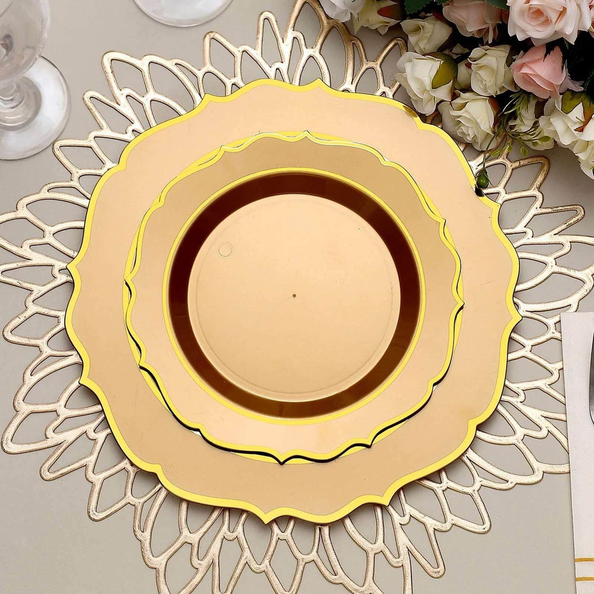 10-Pack Plastic 8" Round Dessert Plates in Gold with Gold Scalloped Rim - Disposable Appetizer/Salad Plates