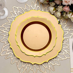 10-Pack Plastic 8" Round Dessert Plates in Gold with Gold Scalloped Rim - Disposable Appetizer/Salad Plates