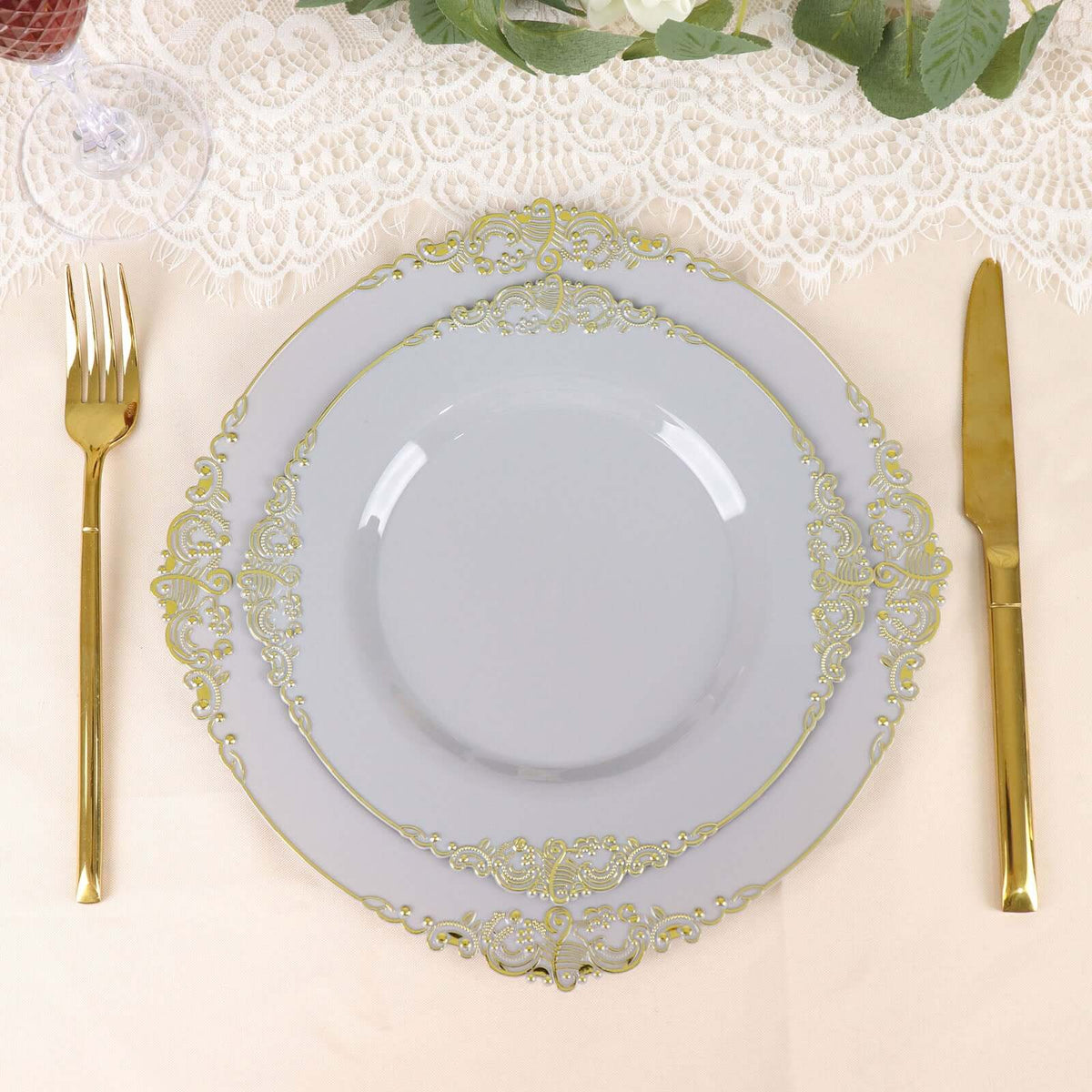 10-Pack Plastic 8" Round Dessert Plates in Gray with Gold Leaf Embossed Rim - Disposable Vintage Baroque Style Salad Plates