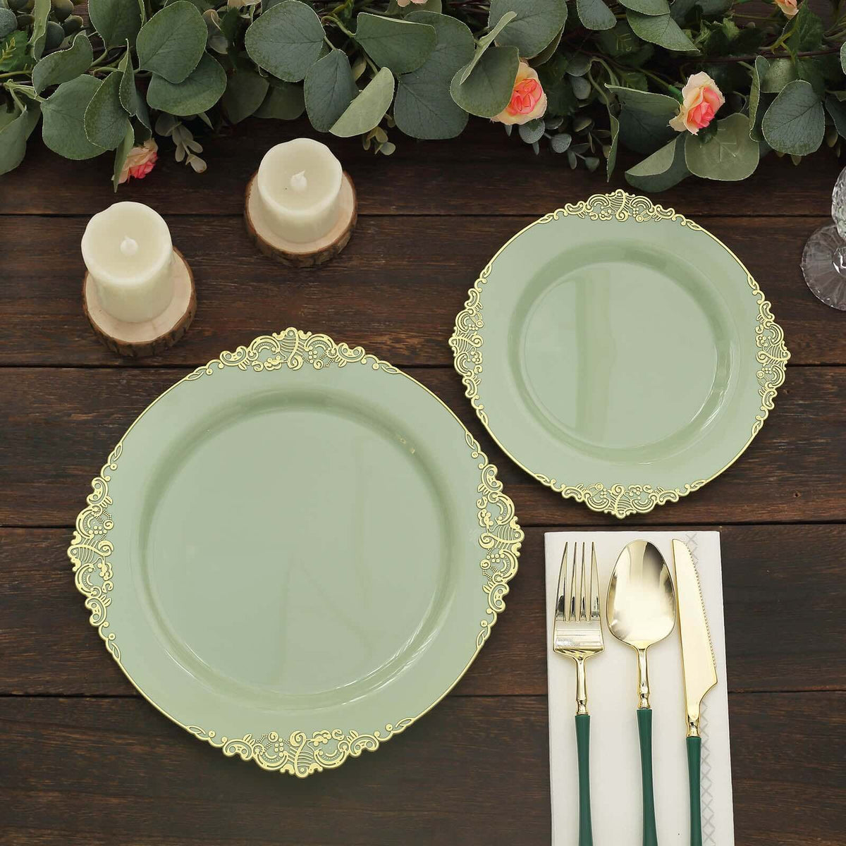 10-Pack Plastic 8" Round Dessert Plates in Sage Green with Gold Leaf Embossed Rim - Disposable Vintage Baroque Style Salad Plates