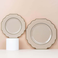 10-Pack Plastic Dessert Appetizer Plates in Taupe Baroque Design with Scalloped Gold Rim - Heavy Duty Disposable Salad Plates 8"