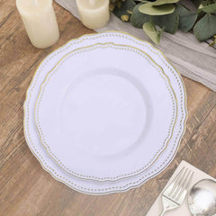 10-Pack Plastic Dinner Plates in White with Gold Scalloped Rim - Disposable Party Plates 9"