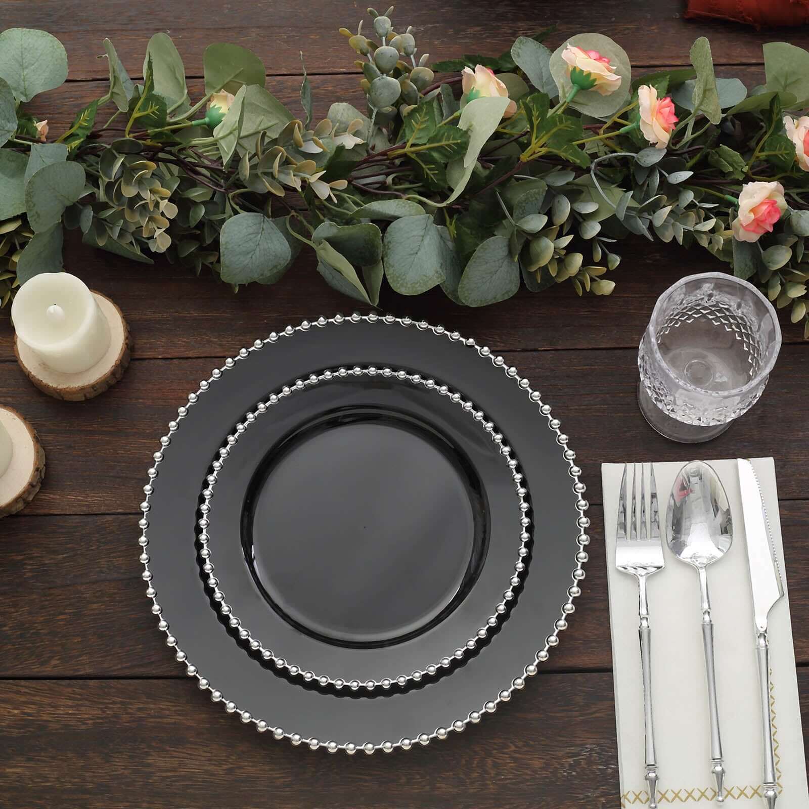 10-Pack Black Plastic Dessert Plates – 8" Round with Silver Beaded Rim, Disposable for Parties & Events