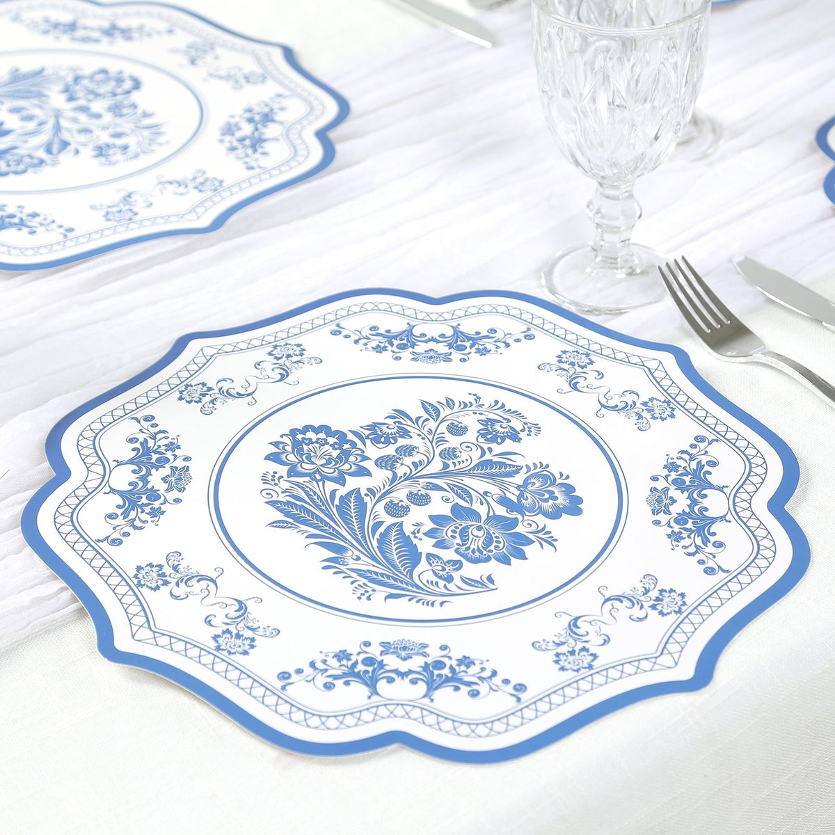 10 Pack Cardboard Paper Table Mats with White Royal Blue Damask Floral Pattern, 13" Round Disposable Placemats with Scalloped Rim - 400 GSM