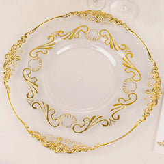 10-Pack Plastic 10" Round Dinner Plates in Clear with Gold Vintage Baroque Scalloped Rim - European Style Disposable Party Plates