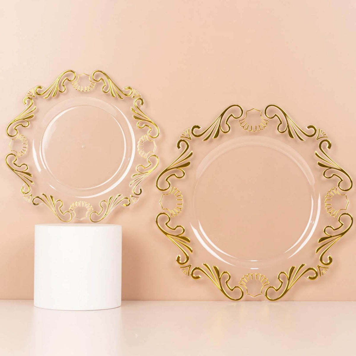 10-Pack Plastic 8" Round Dessert Plates in Clear with Gold Vintage Baroque Scalloped Rim - European Style Disposable Salad Appetizer Plates